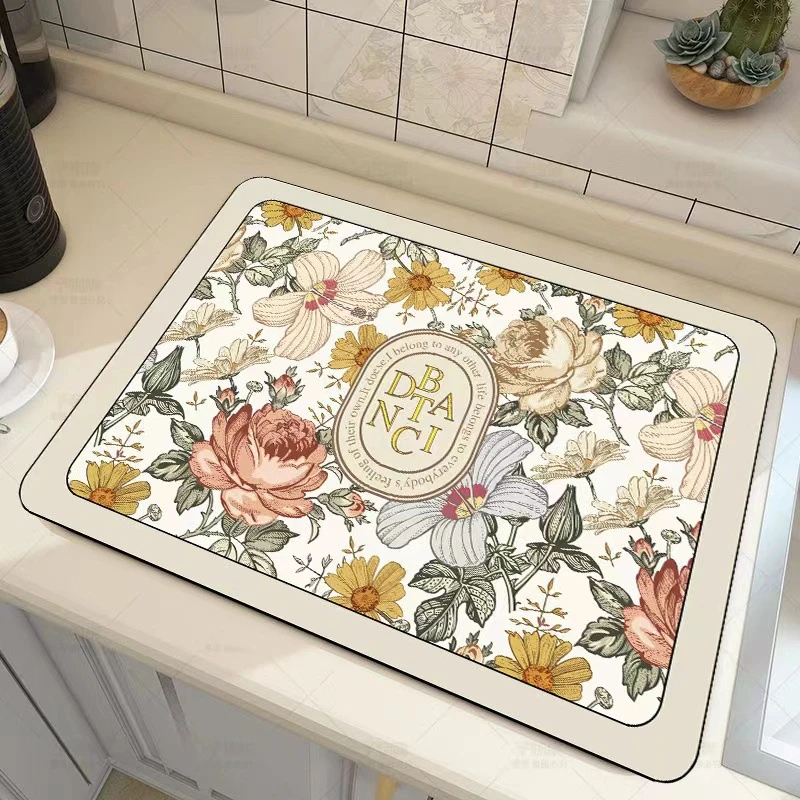 VIKAMA Kitchen Drain Mat Vintage Floral Magnolia Daisy Oil Painting Art Dish Drying Mat Water Absorbent Quick Dry Anti Slip Soft