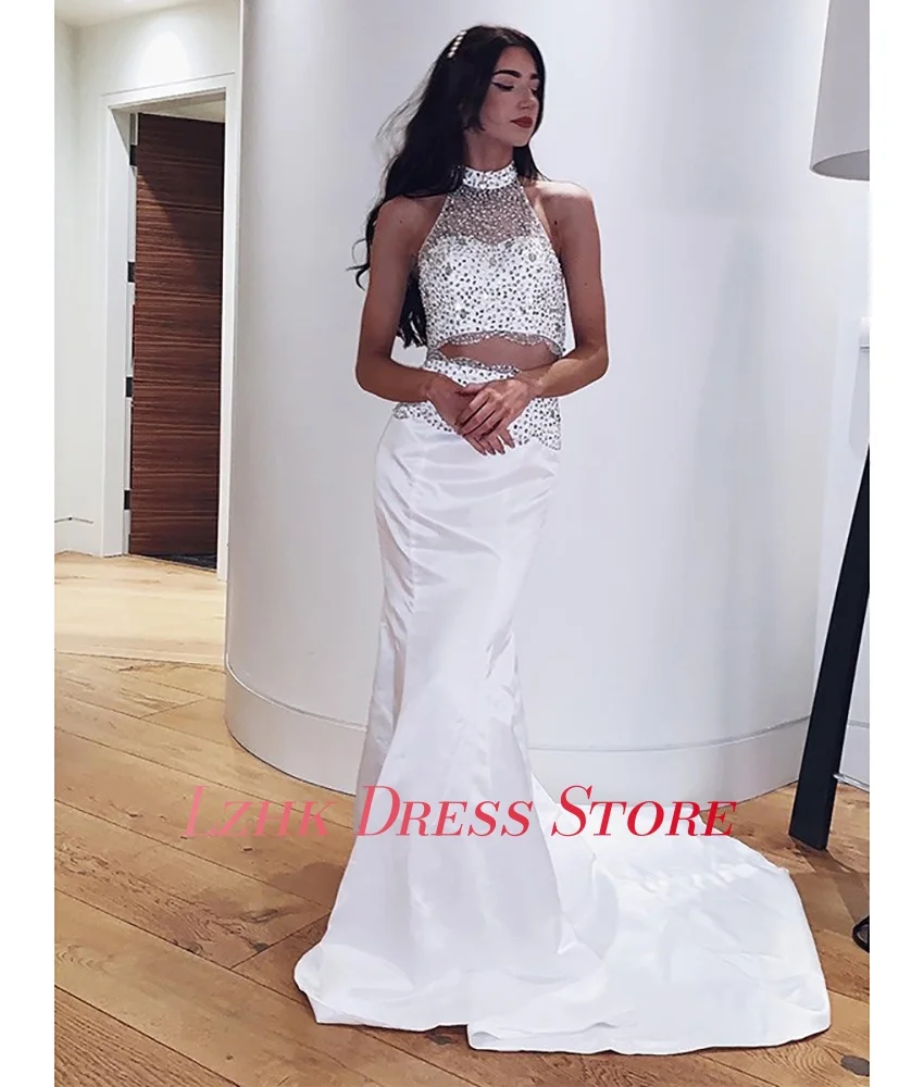 Personalizado de luxo cetim sereia cristal lantejoulas vestido noite sexy halter sem mangas até o chão vestidos de ocasião sob medida