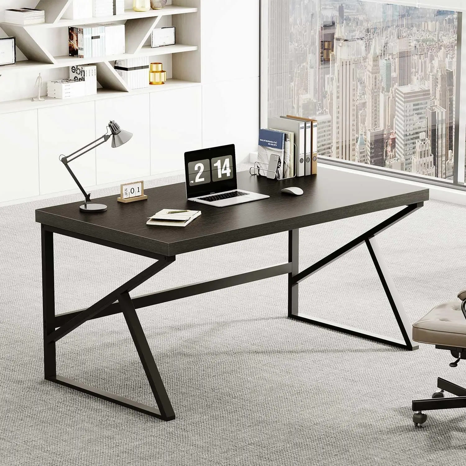 

Black Desk, Modern Industrial Home Office Computer Desk, Laptop PC Desk for Student Work Writing Study Gaming, Simple Metal and
