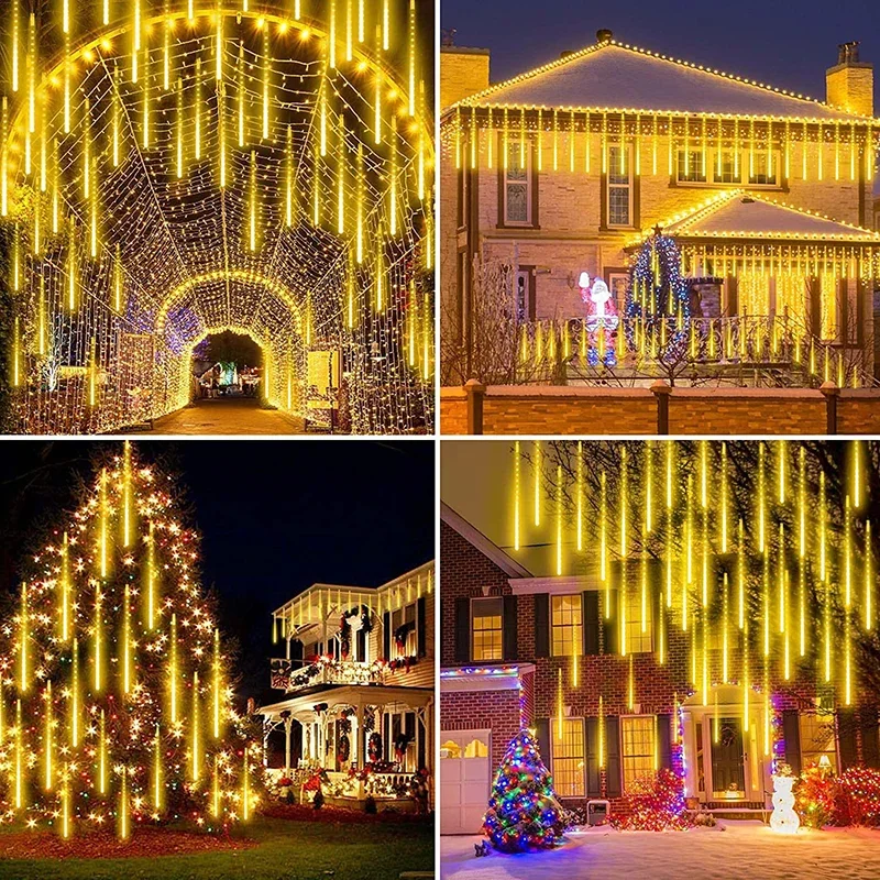 Luces de hadas de lluvia que caen al aire libre, enchufe de EE. UU./UE, luces de lluvia de meteoritos para árbol de Navidad, Patio, porche, Patio, decoración de techo, 1 paquete de 8 tubos