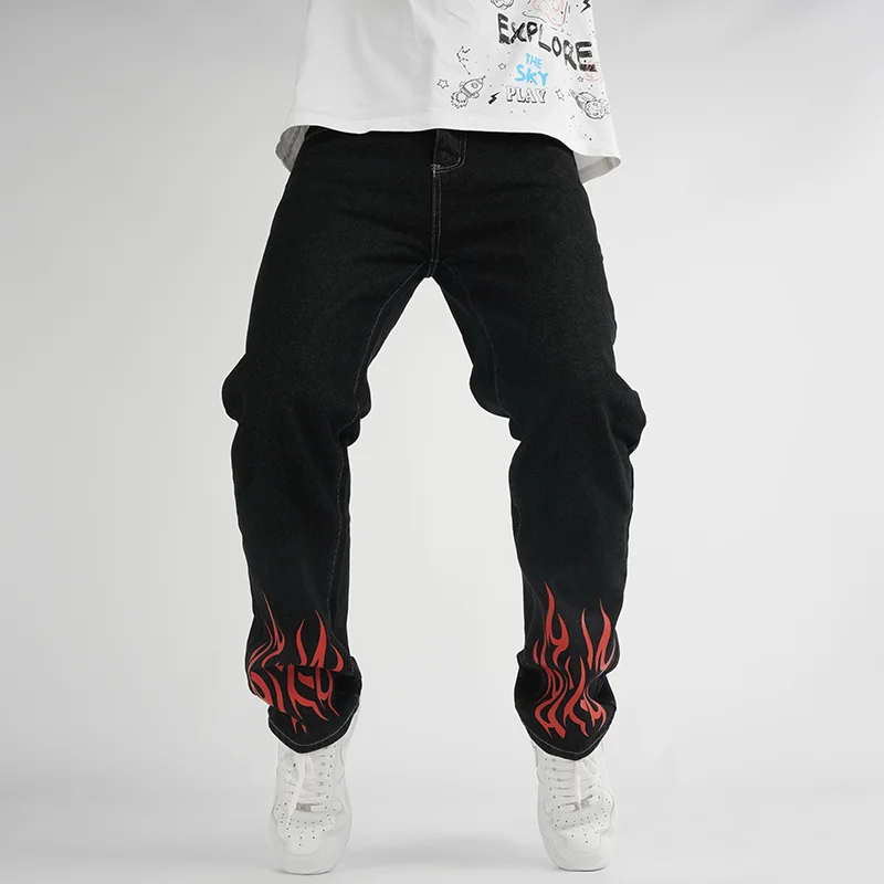 

IFitnaEU Y2k Hip Hop Harajuku Style Men's Straight Leg Denim Jeans Black Punk Trousers Flame Print