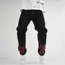 IFitnaEU Y2k  Hip Hop Harajuku Style Men's Straight Leg Denim Jeans Black Punk Trousers Flame Print