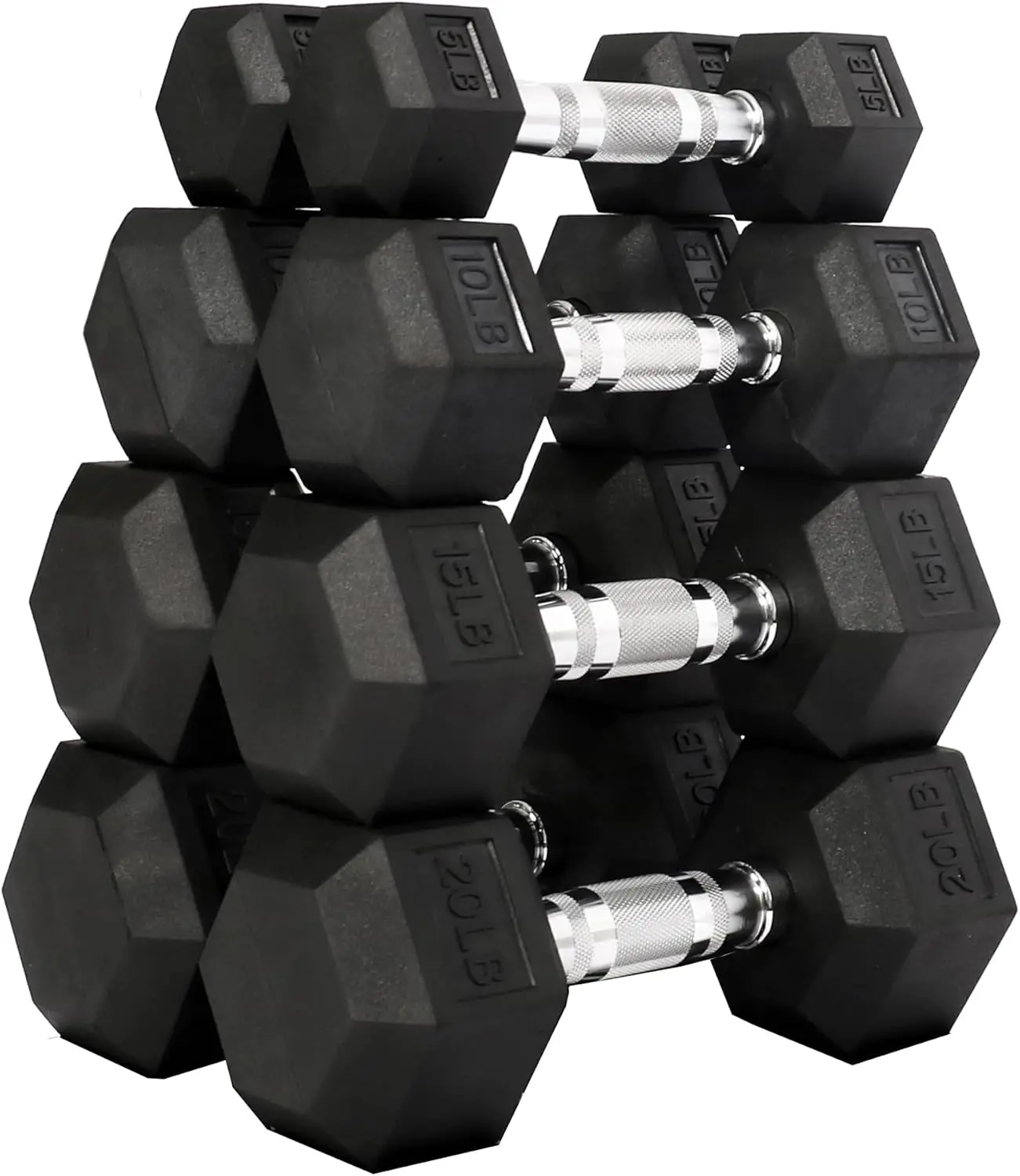 Encased Hex Dumbbell, Set Including 5, 10, 15, 20LB Pairs，Solid metal chrome finish contoured (ergo) handles designed to fit