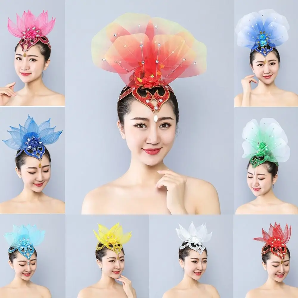 

Fashion Elegant Dance Veil Brim Hats Stage Performance Yangko Folk Dance Dance Hair Flowers Headdress Hair Accessories