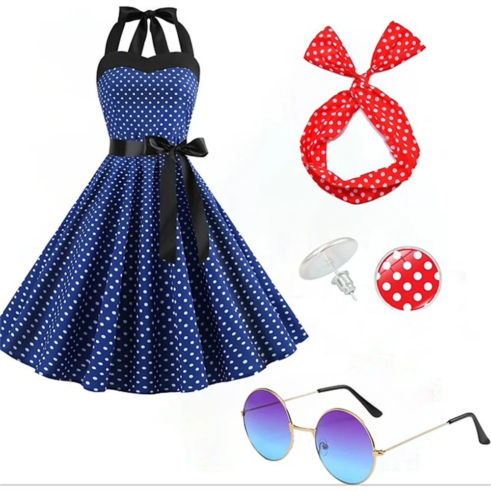 Polka Dots Retro Vintage 1950s Swing Dress Accesories Set Halter Flare Dress Earrings Audrey Hepburn