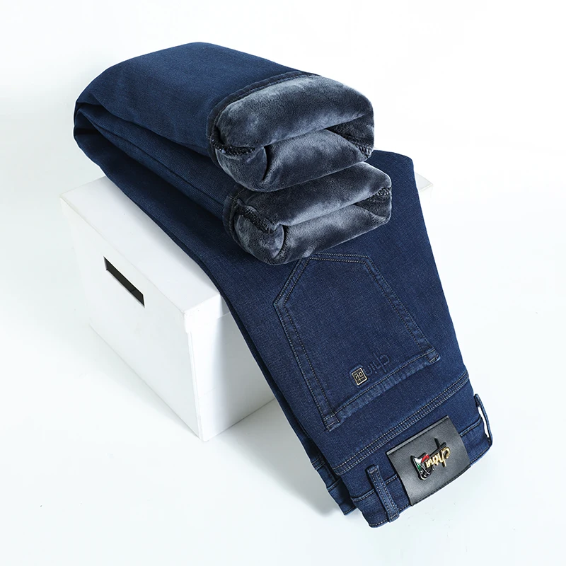 

Winter New Men Fleece Warm Jeans Classic Style Business Casual Regular Fit Thicken Stretch Denim Pants Male Brand Trousers