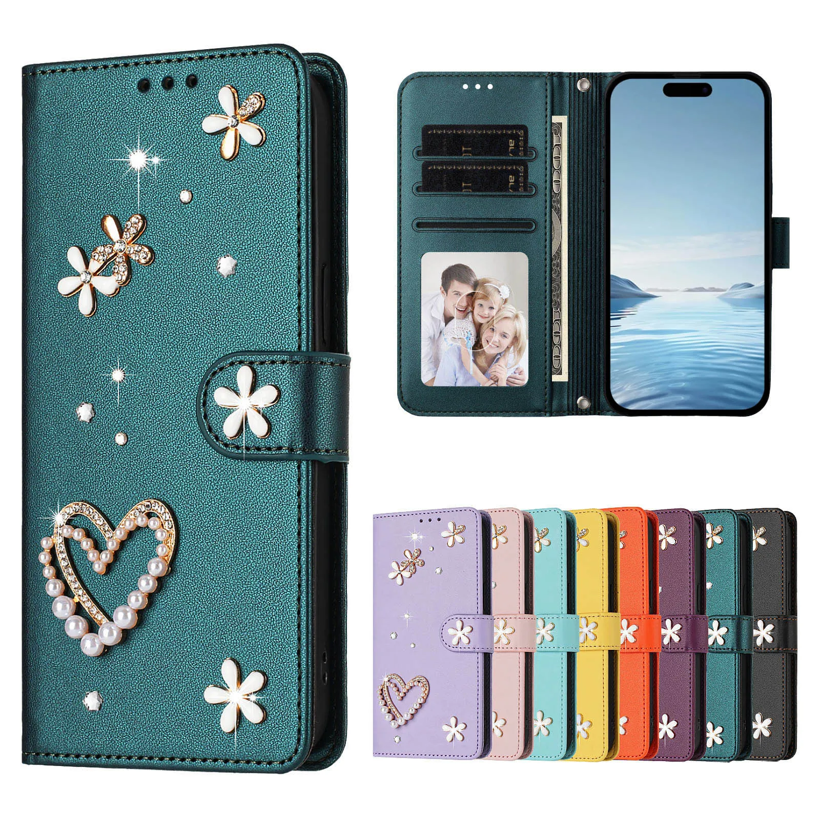 Glitter Jewelled Lanyard Leather Phone Case For Asus ROG Phone 9 8 Zenfone 12 11 Ultra Wirst Strap 3 Cards Wallet Flip Cover
