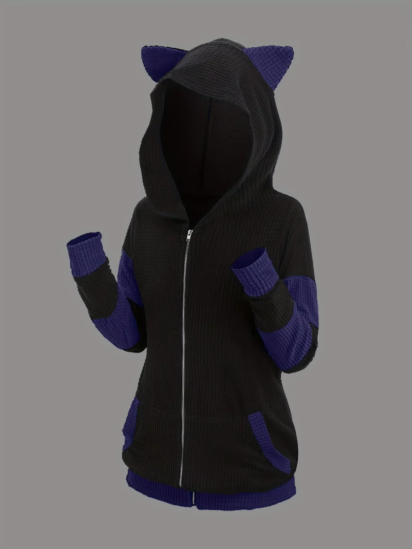 Dicker Kapuzenpullover mit Katzenohren und Reißverschluss, eine beliebte Übergrößen-Damenmode für Herbst und Winter in Europa und Amerika – Detail 11