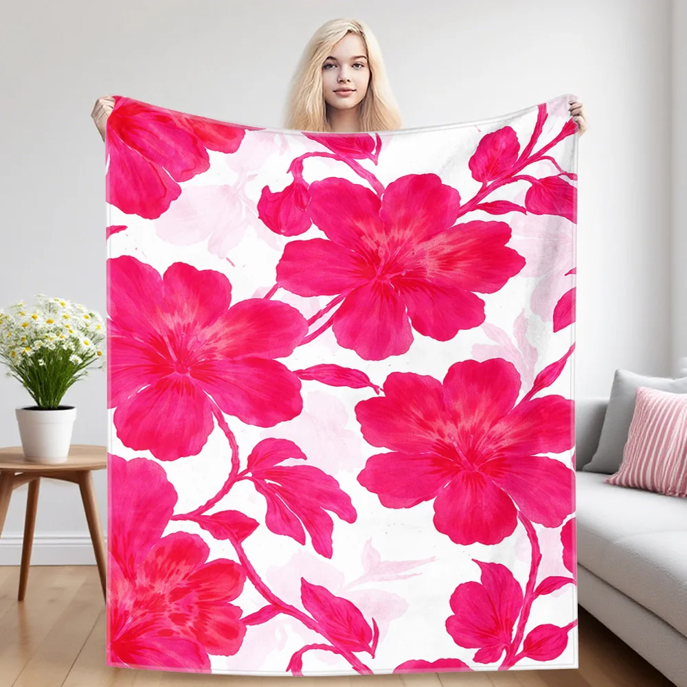 Pink Hibiscus Winter And Summer Dual-Use Comfortable Flannel Blanket, Soft And Sticky Sofa Cover Blanket, Exquisite Gift