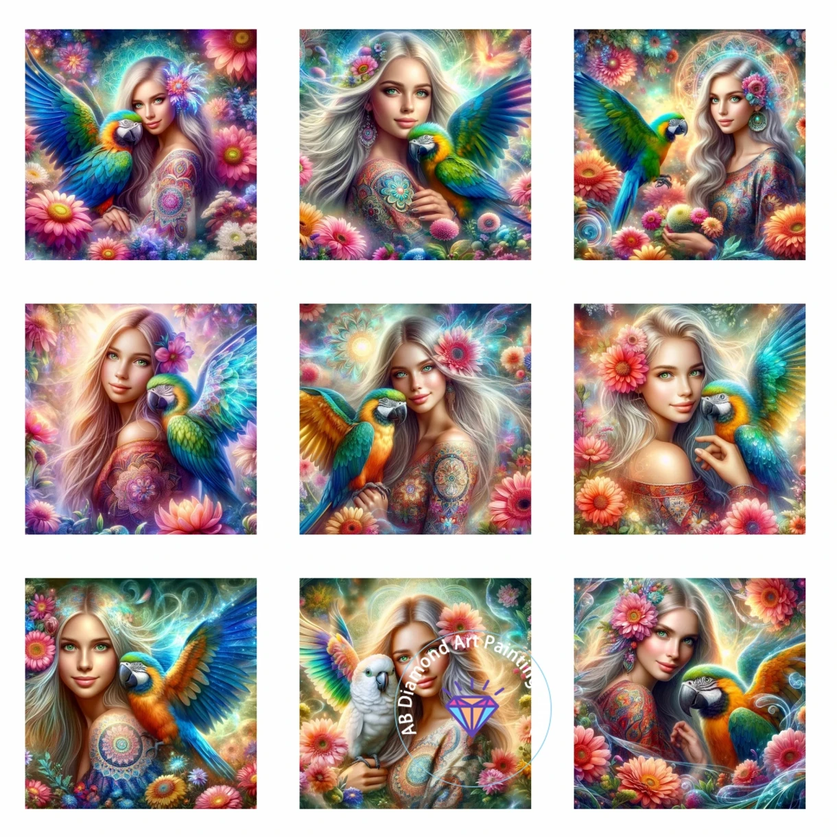 

DIY AB Diamond Painting Kit New Cross Stitch Kit Woman and Parrot Flowers Mosaic Diamond Embroidery Home Decoration Gift