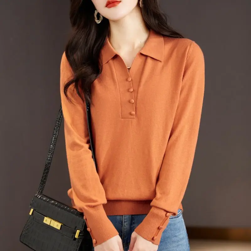 2023 Autumn Winter New Solid Color Fashion POLO Collar Long Sleeve Knitting Pullovers Women Button Vintage Elegant All-match Top