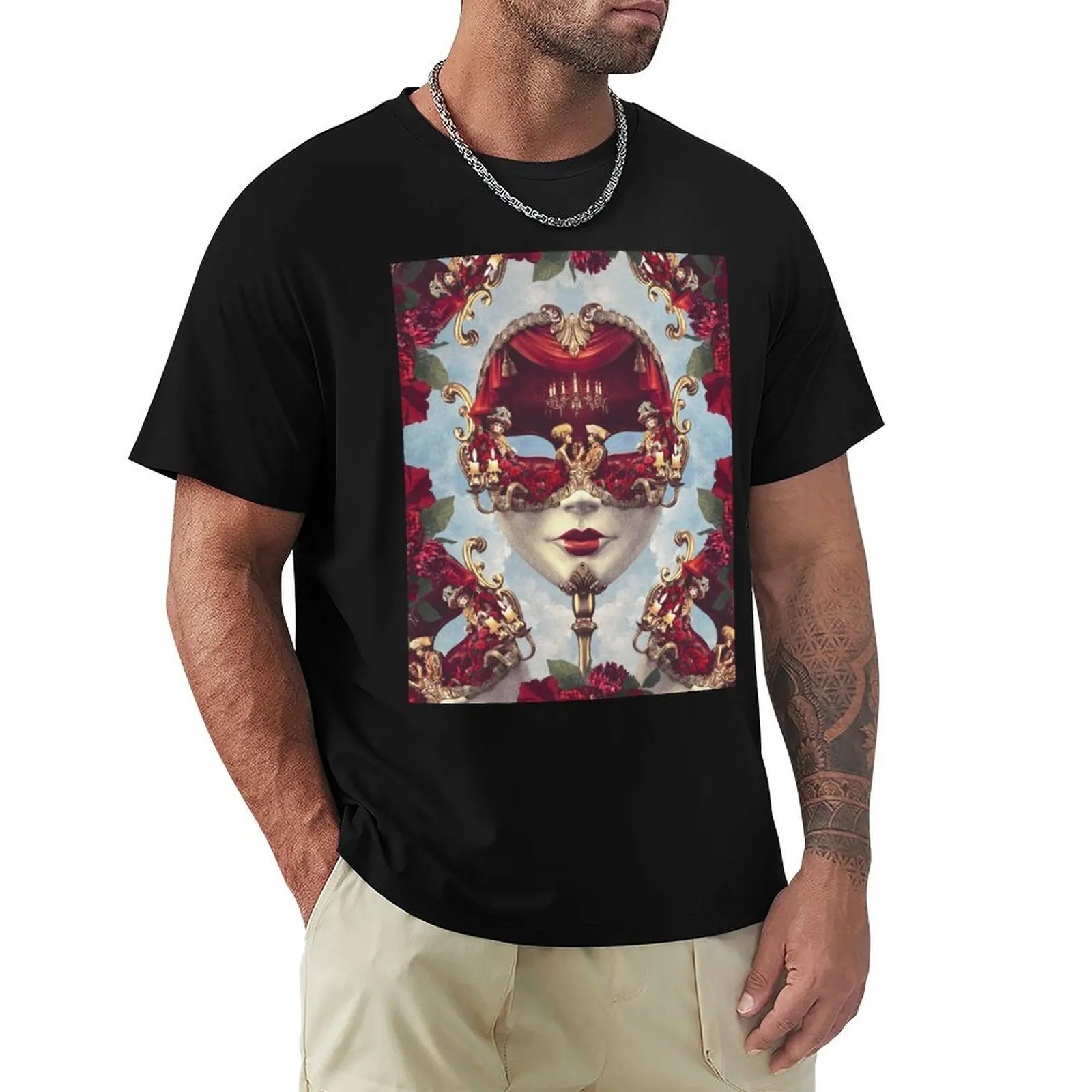 Floral Decadence - Red & Gold Venetian Mask T-Shirt UV Protection Outdoor Tee Shirt