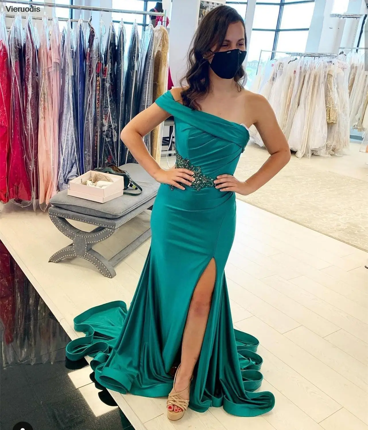 

Satin Evening Dress Green One Shoulder Floor Length Side Slit Custom Made Court Train Sleeveless Women Party Gown Formal Mermaid