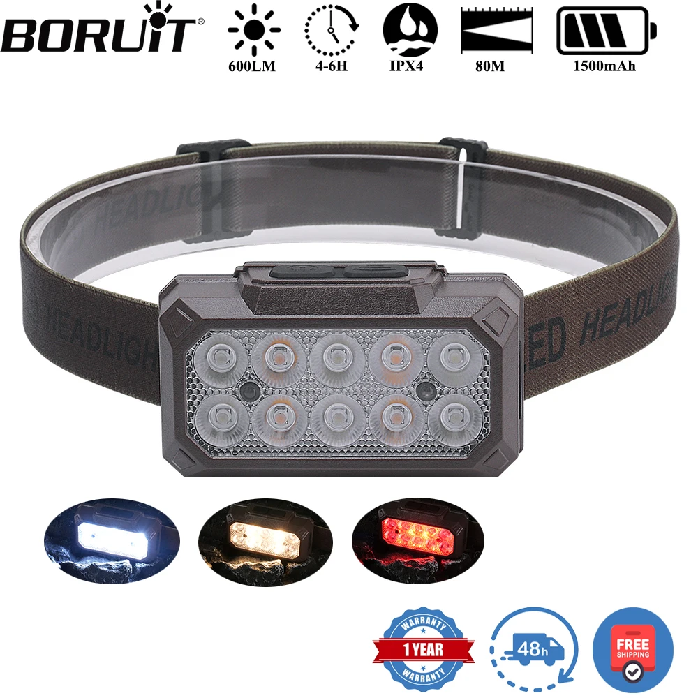 BORUiT 600LM 10 المصابيح محس حركة كشافات نوع c قابلة للشحن 1500mAh المصباح مقاوم للماء التخييم الصيد رئيس الشعلة