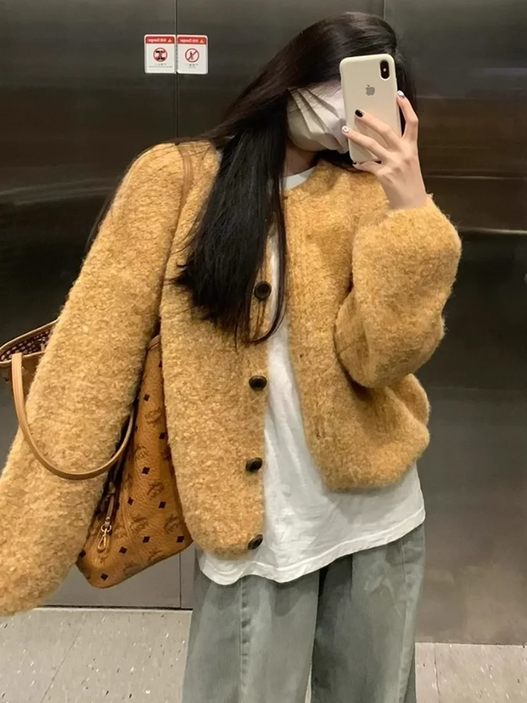 

Yellow ort Knitted Open Cardigan Sweater Women's Winter 2025 New Lazy Sle Top Casual Loose Fit Soft Pure Color Long Sve