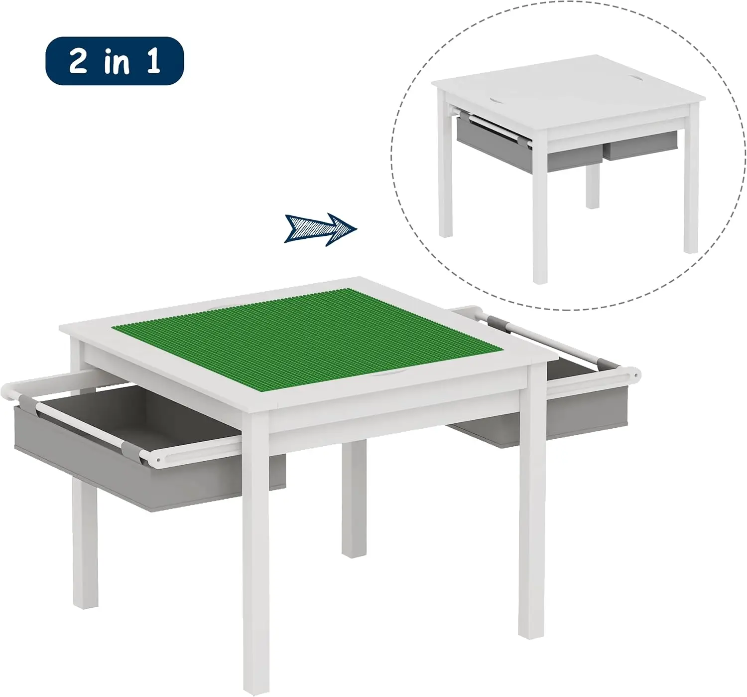 2-in-1 Kids Construction Play Table with Storage Drawers and Smooth Surface, White