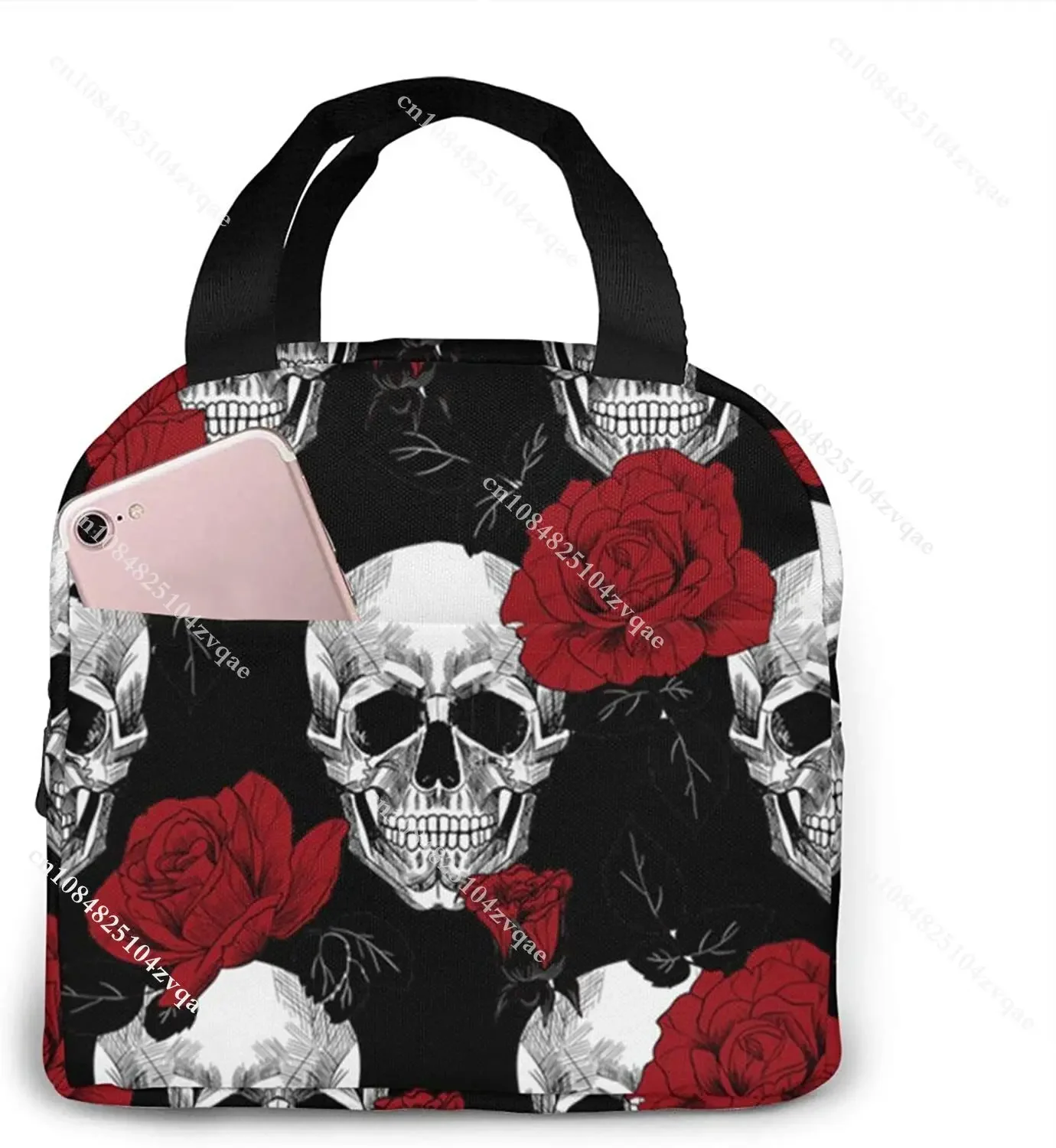 Sugar Roes Flowers Skull Skeleton Lunch Bag For Women Insulated Lunch Box With Front Pocket For Work Reusable Cooler Tote Bag