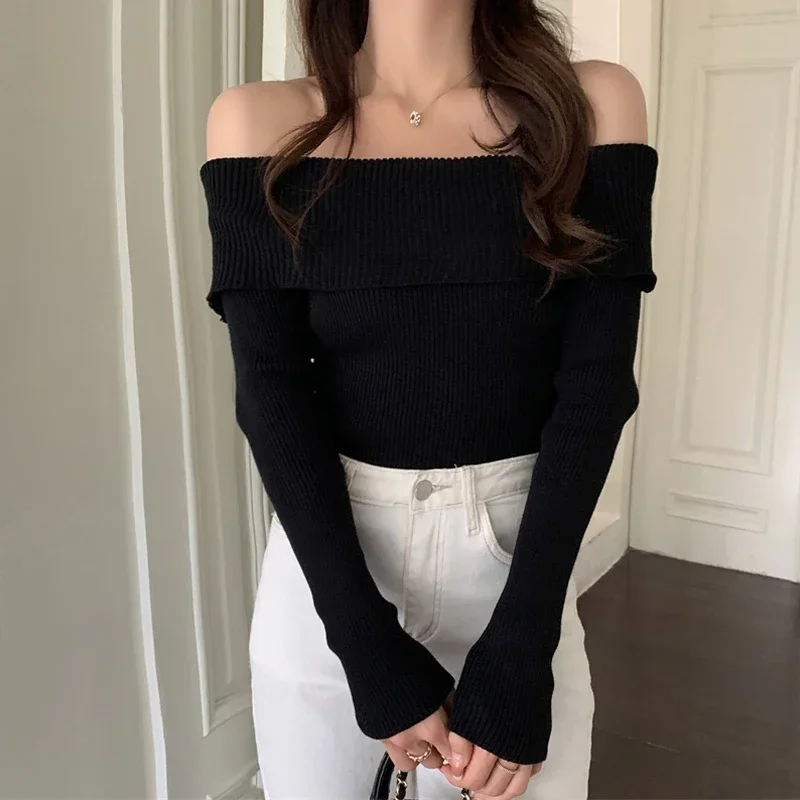 Elegant Long Sleeve Women Pullover Sweater 2023 Off The Shoulder Knitted Base Tops Jumper Autumn Casual Slim Fit Sweaters 29330