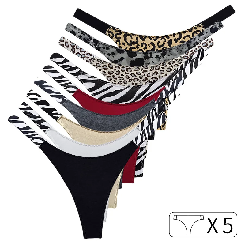 5Pcs Cotton Sexy Women Panties Zebra Leopard Printed Seamless Girls Briefs Thong G string Low Waist T-back Size S-XL