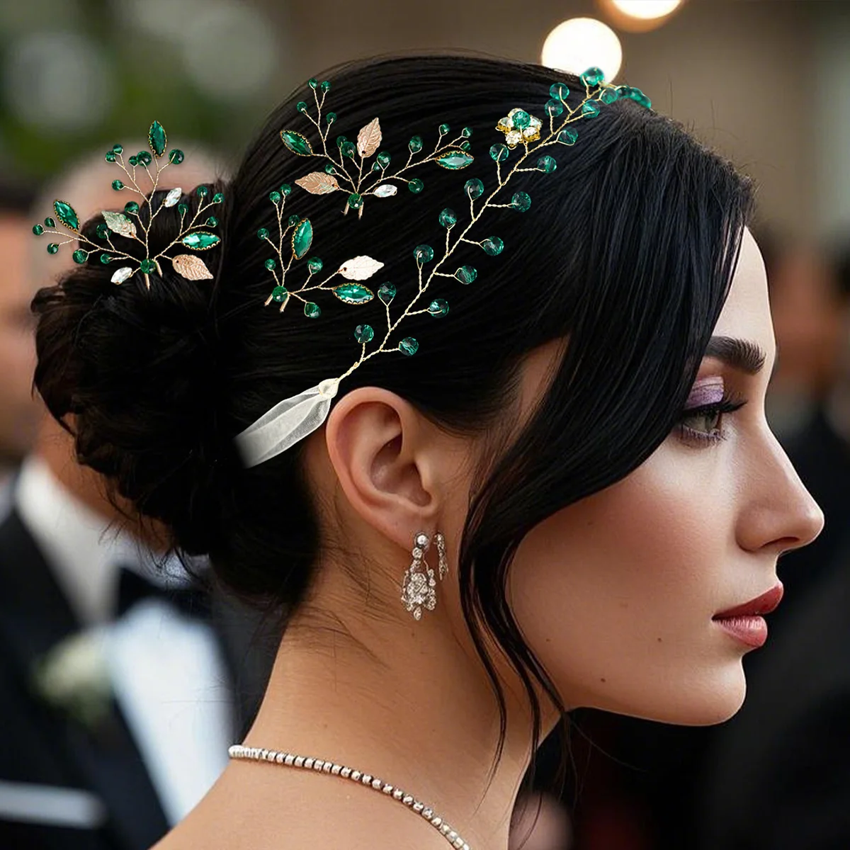 

4 шт., набор заколок для волос с зелеными кристаллами и лентой для волос, роскошная заколка для волос со стразами, головной убор для женщин, вечерние аксессуары для волос