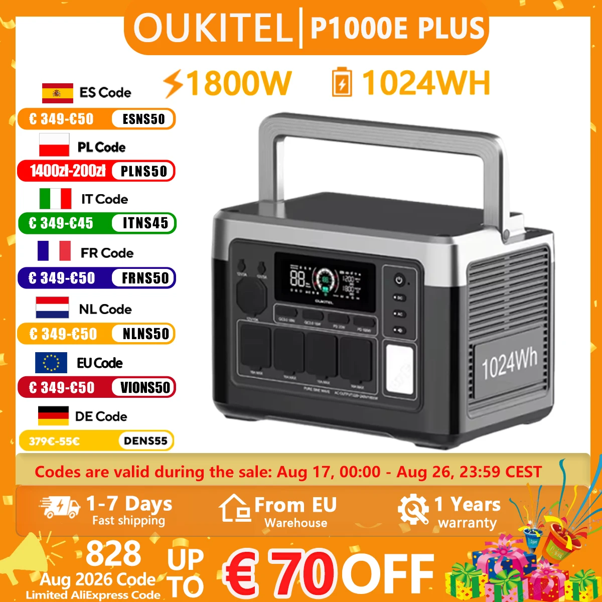 OUKITEL P1000E PLUS 1800W Tragbare Powerstation 1024Wh LiFePO4-Akku …