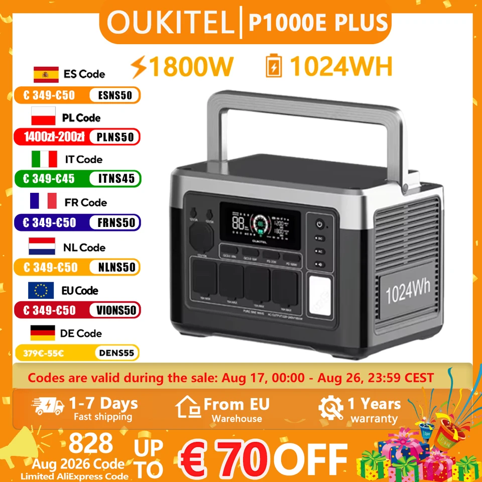OUKITEL P1000 PLUS 1800W Portable Power Station 1024Wh Lifepo4