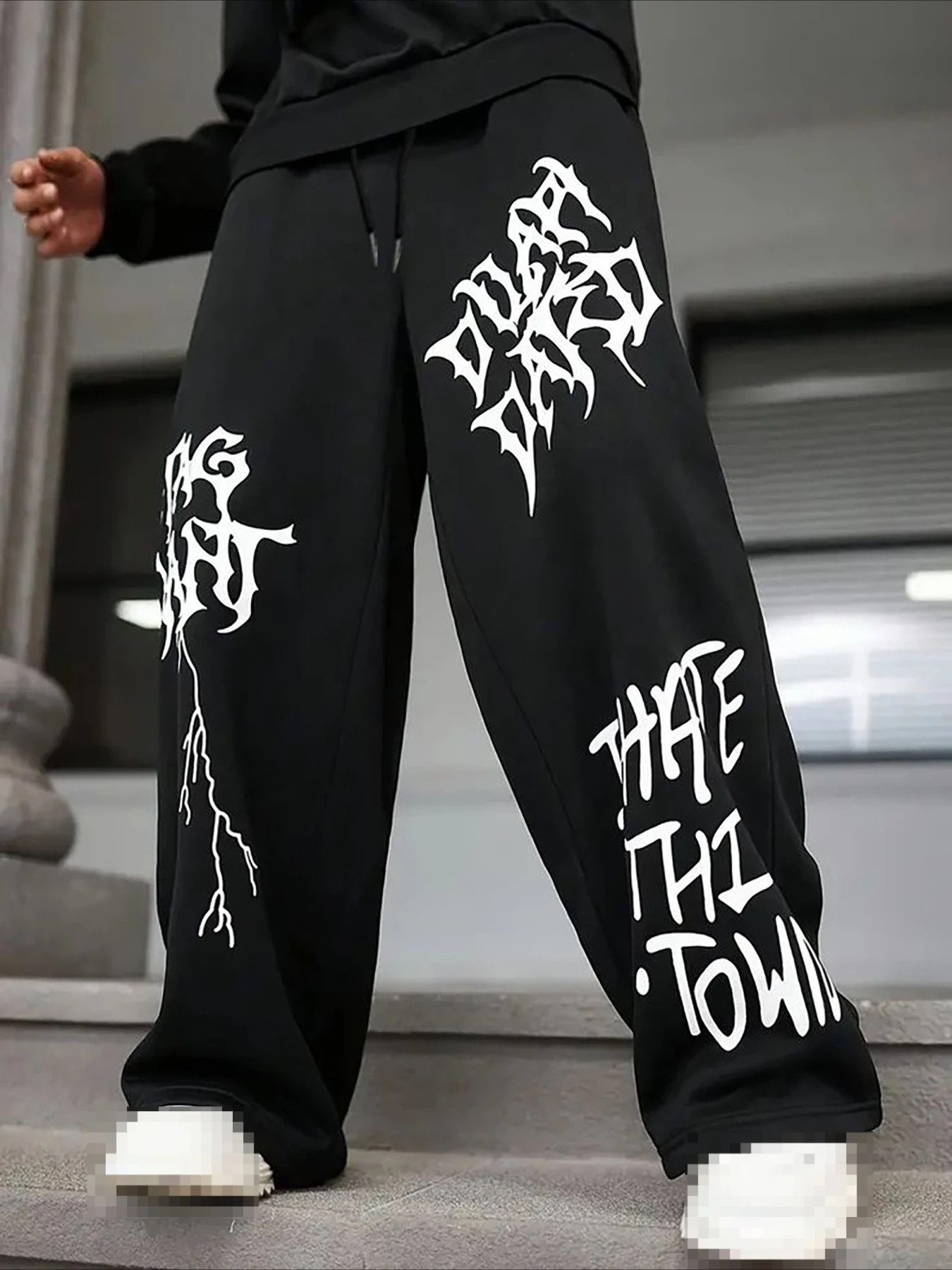 Men's Fashion Street Style Unique Graffiti Lightning Letter Print Design Loose and Comfortable Daily Street Wear Hip-hop Trend