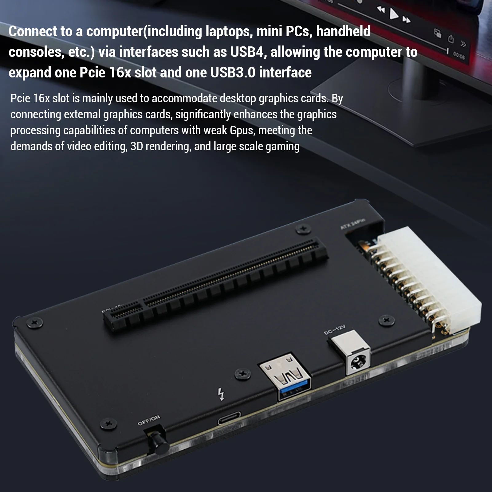 External Graphics Card Dock Easily Drive External GPU Aluminum Alloy 24Pin PCIE Interface with 1m Data Cable for Video Editing