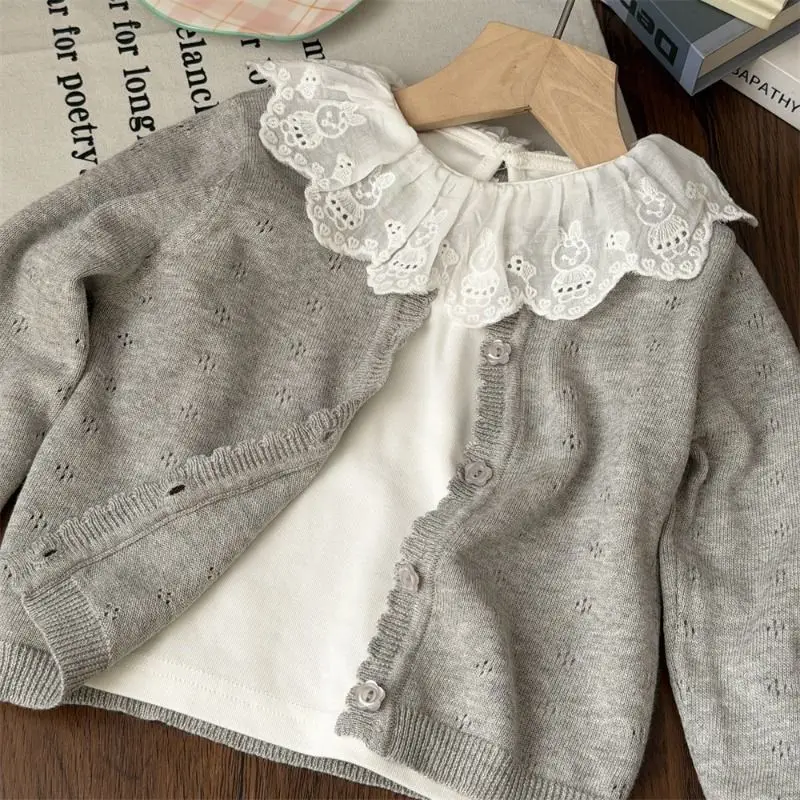 Spring and Autumn Girls Baby Western Style Children's Personality Trendy Lace Bottom Sweater Knitted Cardigan