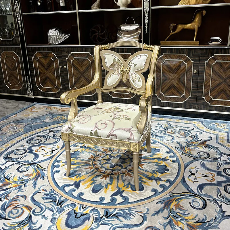 French fabric embroidery book chair, European court luxury solid wood styling dressing chair, leisure chair study furniture