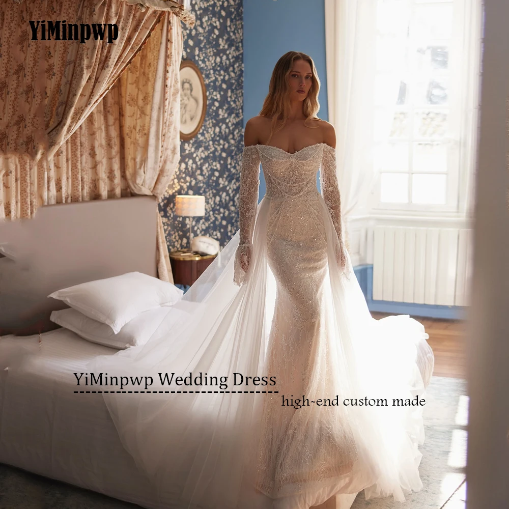 Luxuriöses Meerjungfrau-Hochzeitskleid mit Spitze und Perlen für Frauen, schulterfrei, langärmelig, trägerlos, Tüll, Hochzeit, Brautkleid, individuell gestaltet