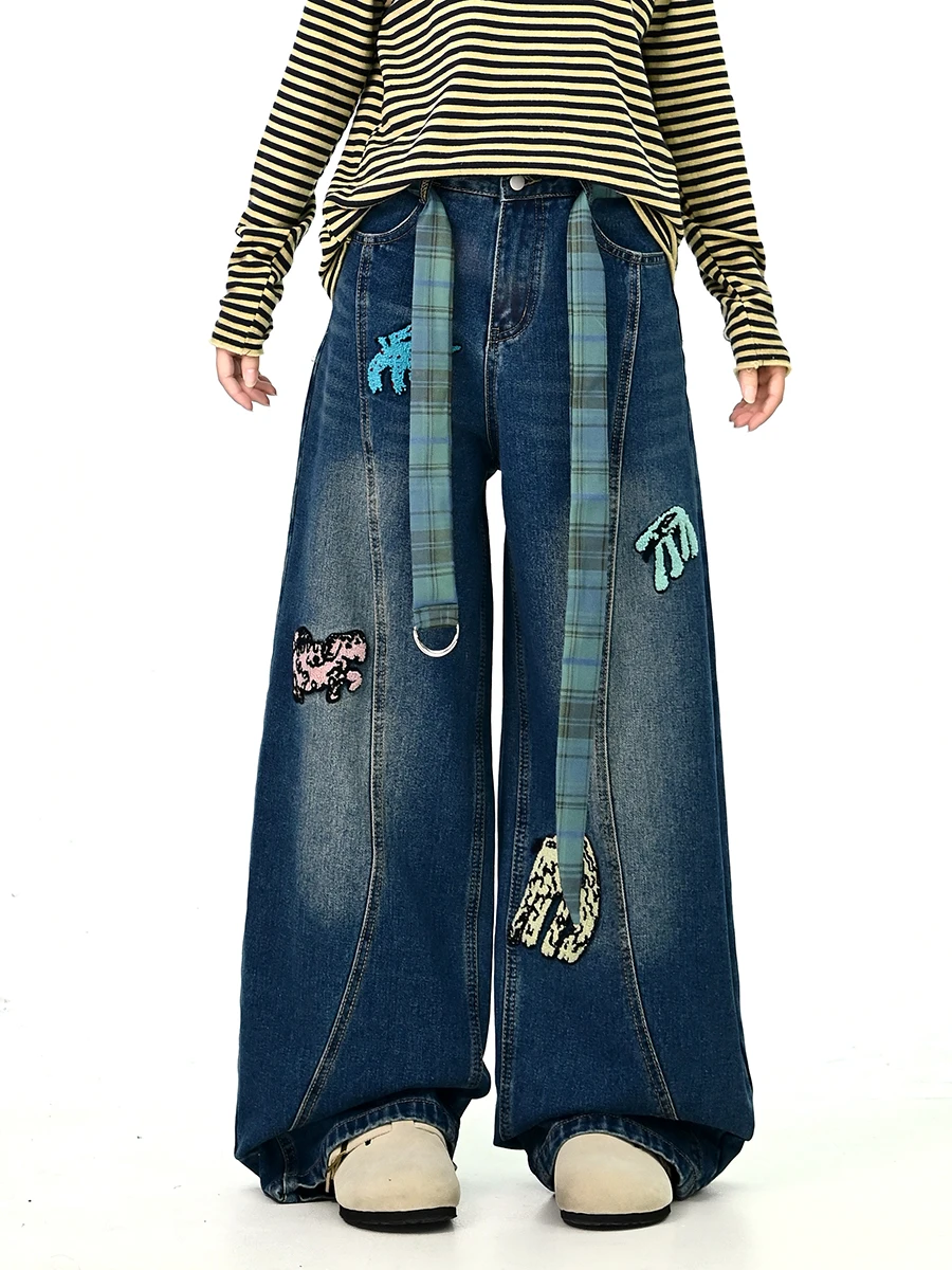 

Cartoon Denim Jeans Women's Loose American Retro Versatile Wide Leg Pants Trendy Comfortable Casual Wear for Spring
