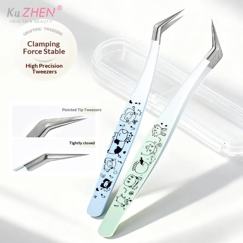 Pinça de cílios postiços com estampa de desenho animado, pinça de extensão de cílios 3d profissional curvada de aço inoxidável, ferramentas de maquiagem