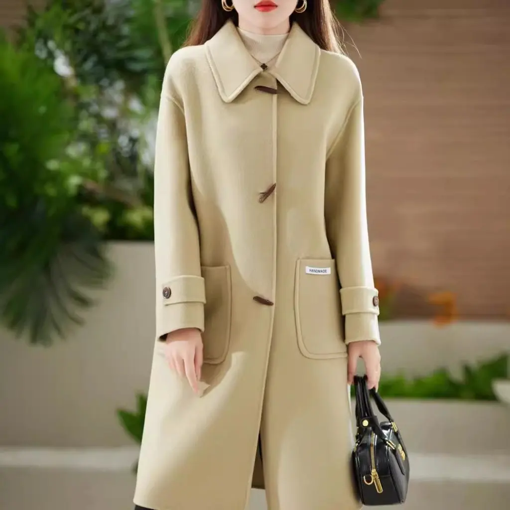 

Women's Double-Sided Wool Coat Slim Fit Long Style Large Lapel Toggle Buttons Elegant Commuting Autumn Winter Outerwear