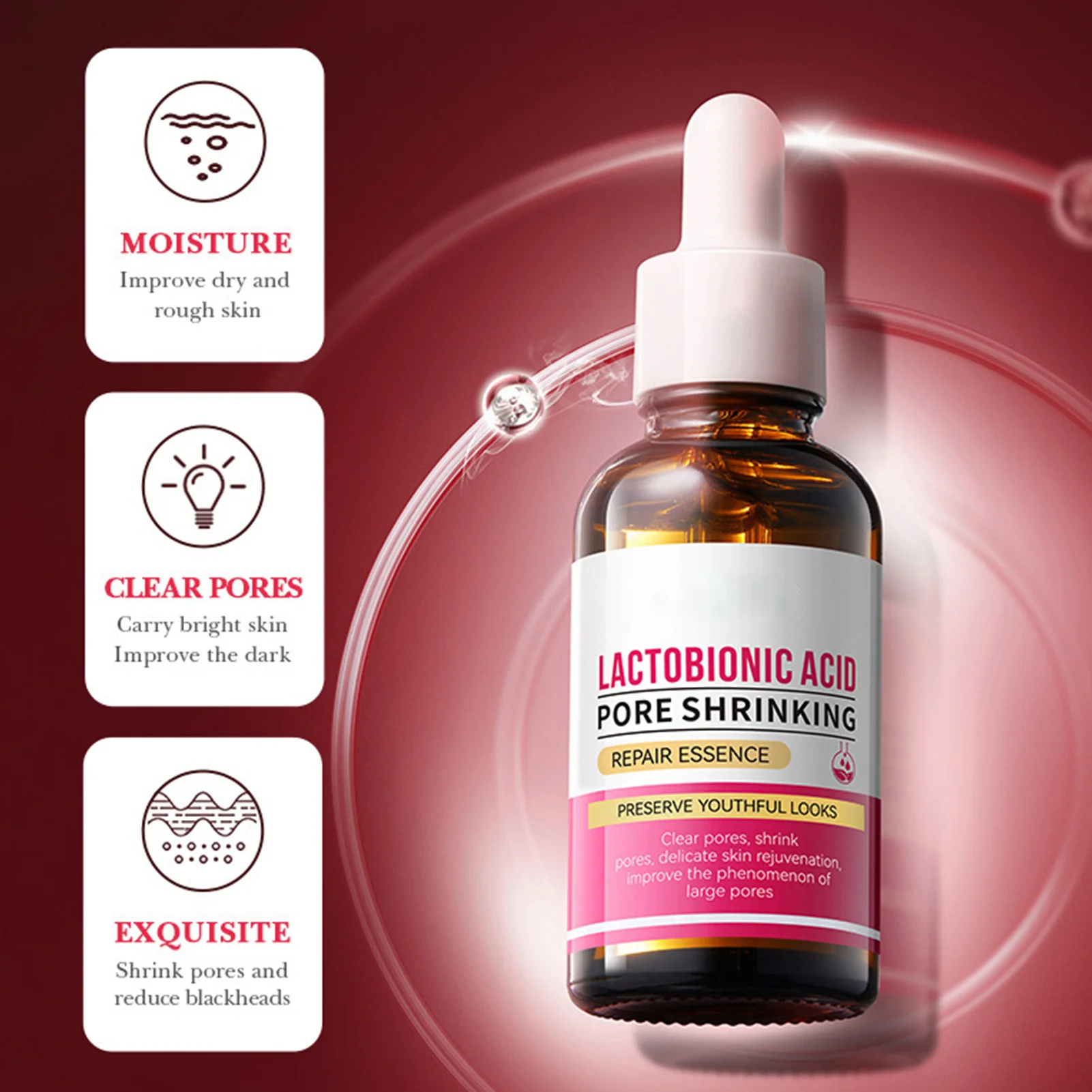 Lactobionic Acid Shrink Pore Essence Hyaluronic Acid Firming Brighten Moisturizing Nourish Essence Pore Shrink Face Serum 30ml