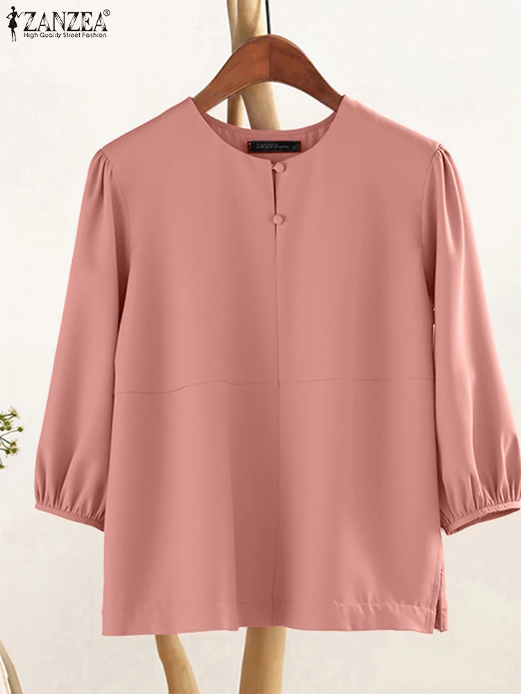 

ZANZEA 2022, женские осенние однотонные рабочие блузки, элегантная офисная рубашка, туника с рукавом 3/4, топы, повседневные блузки с круглым вырезом, женская сорочка