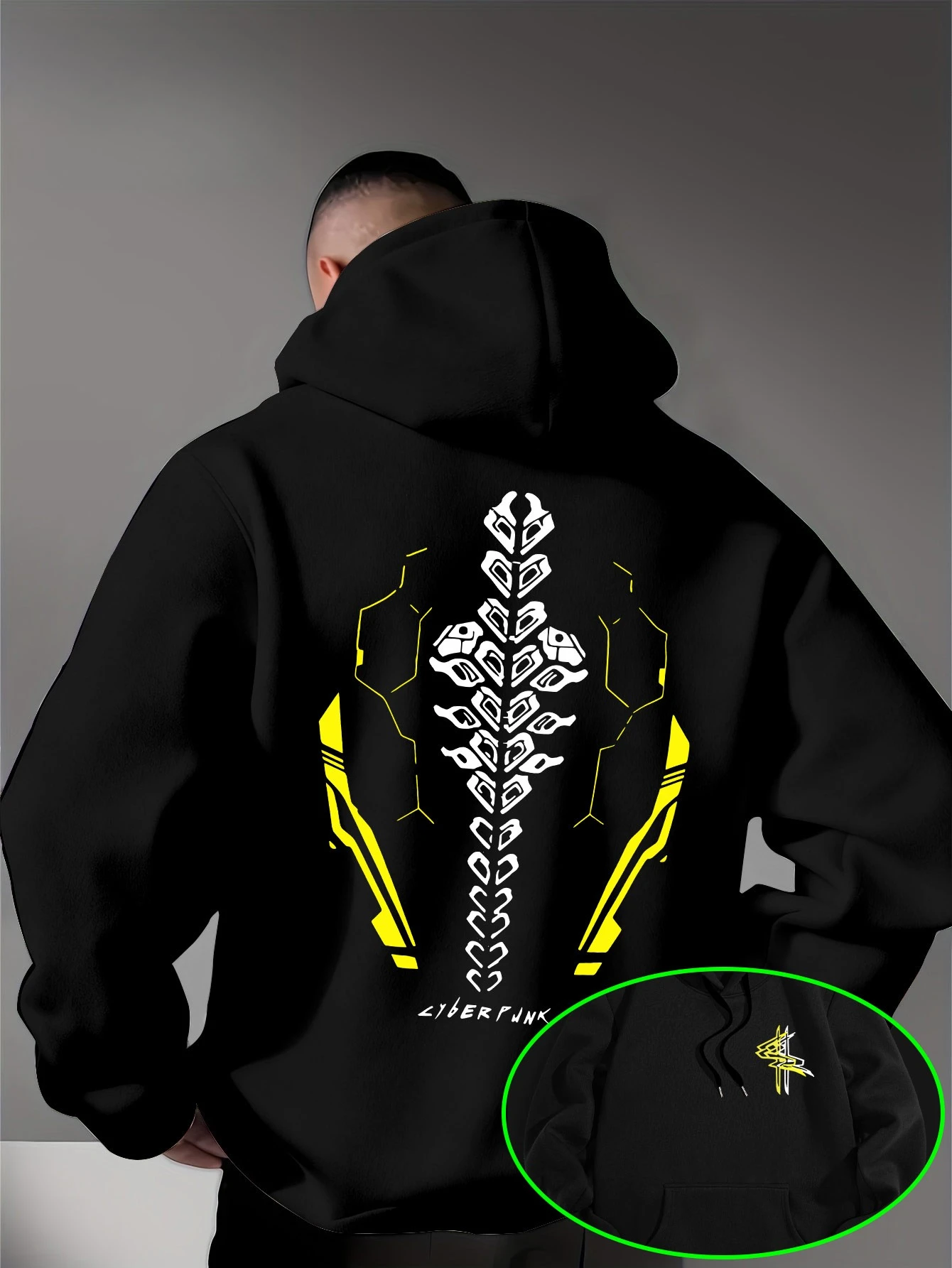 Autumn_Winter Men's Fashion Hooded Sweatshirt with Cyberpunk Mechanical Spine Print for Everyday Wear Commute and Fitness Hooded