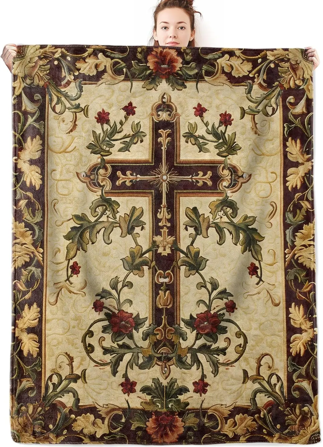 Retro Cross and Floral Flannel Blanket,Christian Gifts for Adults,Classic Vintage Religious Style Throw Blankets with Flower