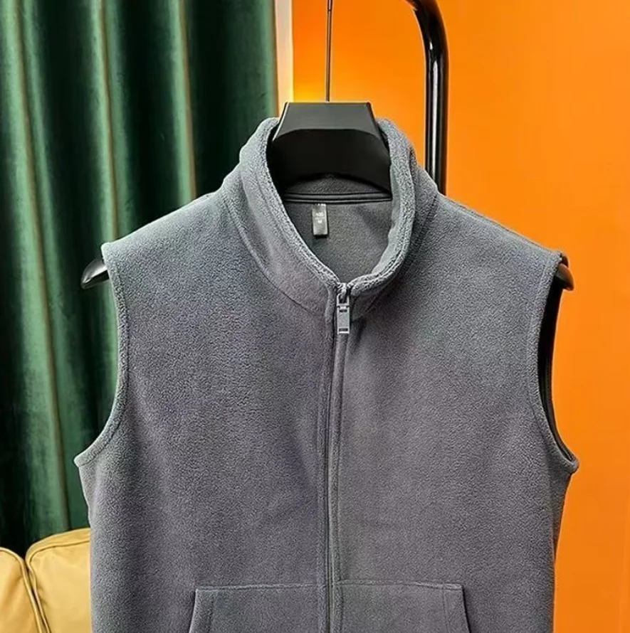 Autumn Winter Polar Fleece Vest Men Windproof Outdoor Warm Sleeveless Double Sided Coat Plush Stand Collar Casual Waistcoat