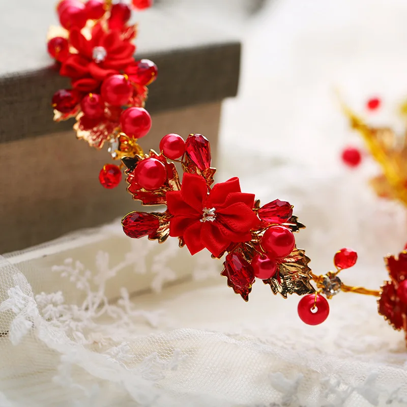 Red Color Crystal Pearl Leaf Headband Hairband Tiara For Women Bridal Wedding Hair Accessories Jewelry Headband Tiara