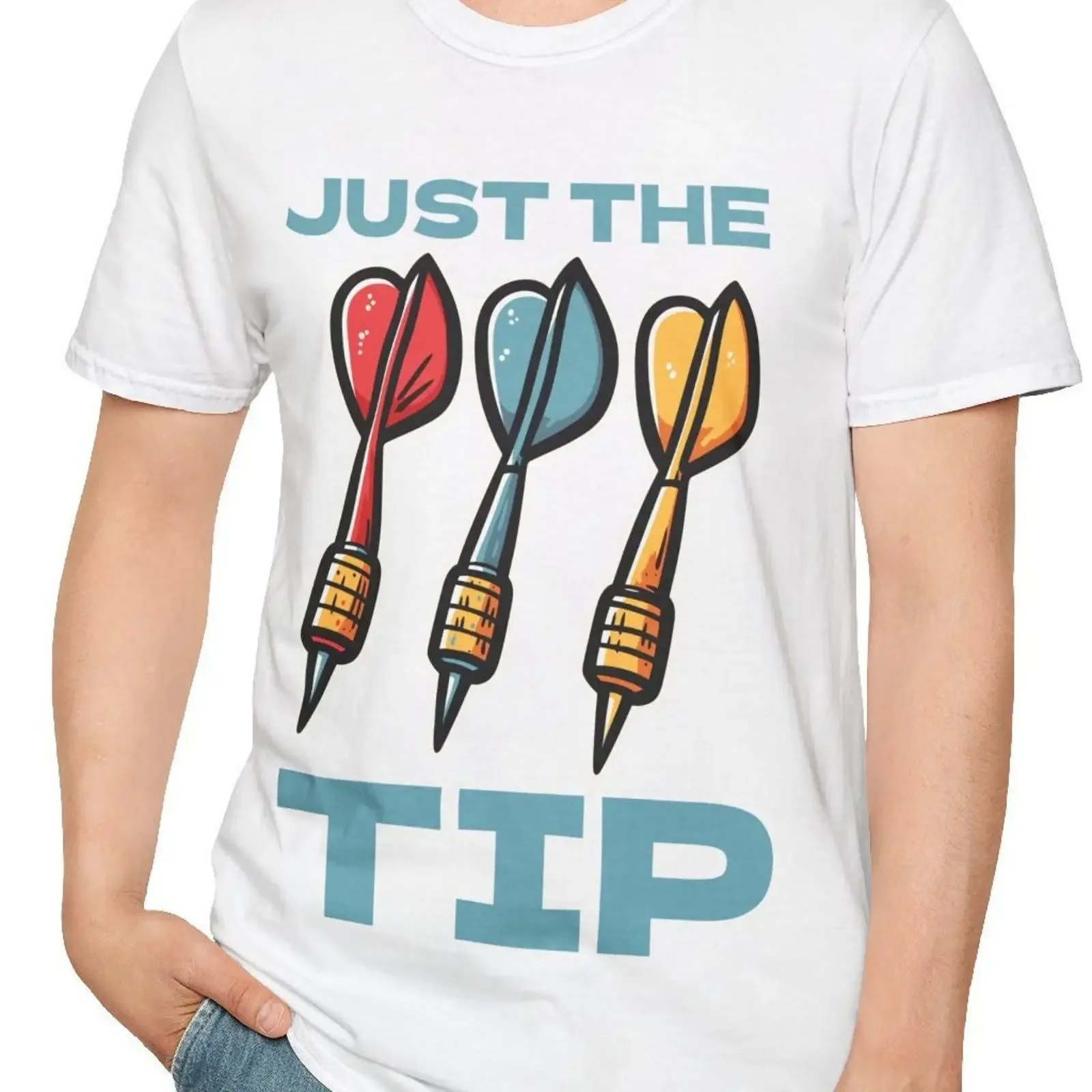 May include White t shirt with a blue and yellow graphic of three darts the text JUST TIP vintage Washed Stretched Slightly