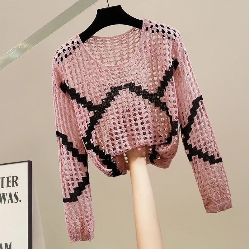 

Handmade Heavyweight Diamond Embellied Hollow Knitted Long Sve Thin Loose Faionable Age-Defng Top Trendy Knitwear
