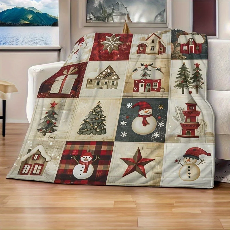 Christmas Quilt‑Style Patchwork Snowman Wreath Print Throw Blanket, Holiday Household Sofa Cover