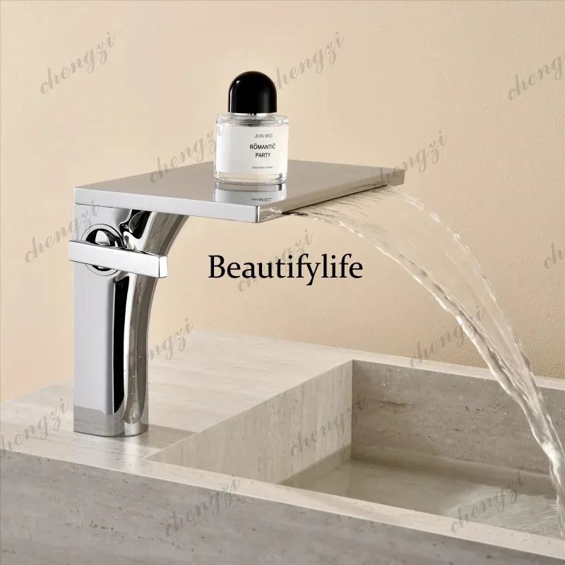 

Bathroom Basin Faucet Chrome Single Lever hot and cold Waterfall Crane Brass Sink mixer Big Plate Gray Tap