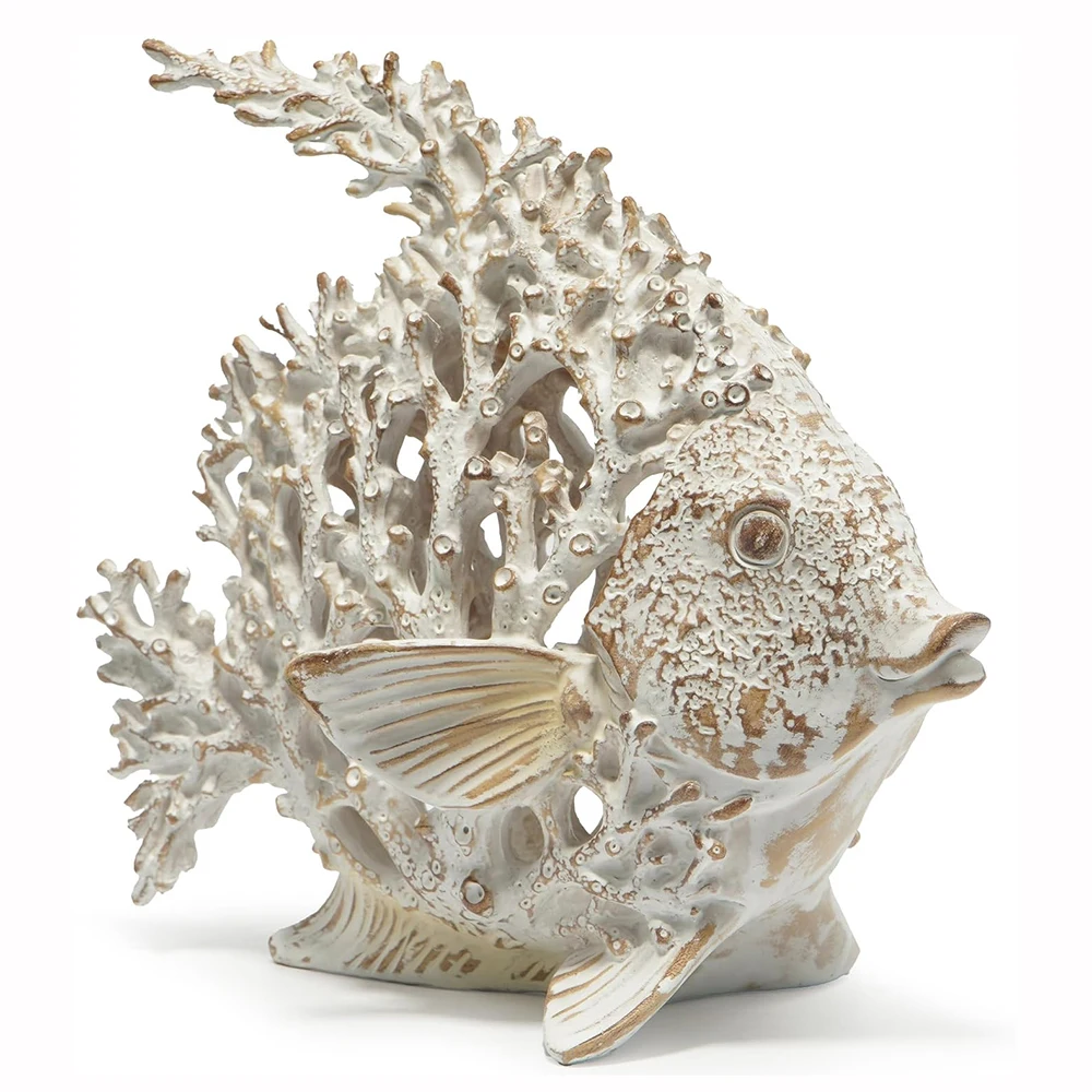 Hodao Resin Coral Reef Fish Figurine, Hand-Painted Ivory Tropical Fish Sculpture, Coastal Nautical Beach Home Tabletop Art Decor