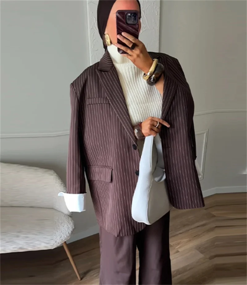 Abito da donna - Blazer versatile a due bottoni vestibilità ampia a righe marroni stile Blogger Abbigliamento da donna alla moda primaverile e autunnale