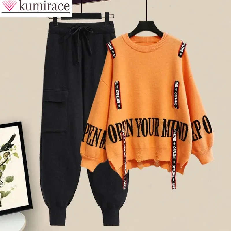 Winter New Ribbon Knitting Sweater Pullover Casual Overalls Two-piece Elegant Women\'s Pants Set Tracksuit Fall Outfits Style Age