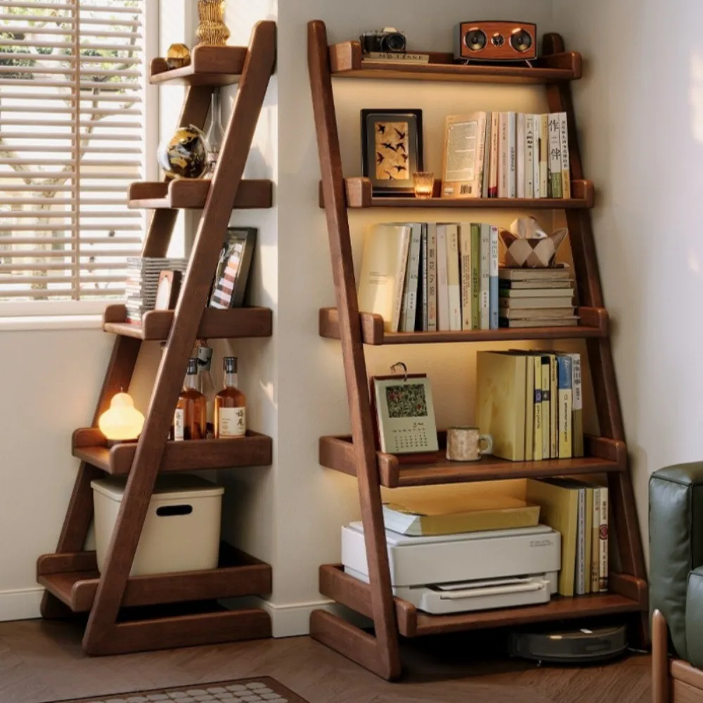 Vintage walnut solid wood bookshelf, floor standing storage rack, trapezoidal storage rack, thickened solid wood display rack