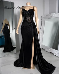 Amazed Black Spaghetti High Split Prom Dresses For Blackgirls Mermaid Elegant Wedding Party Formal Gowns Satin Arabic Customized
