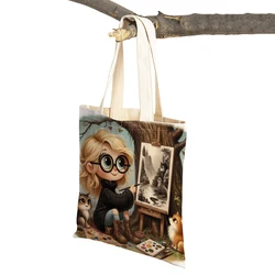 Women Tote Handbag Fairy Tale World Cartoon Forest Painting Girl Shopper Bag Children Gift Linen Double Print Lady Shopping Bags